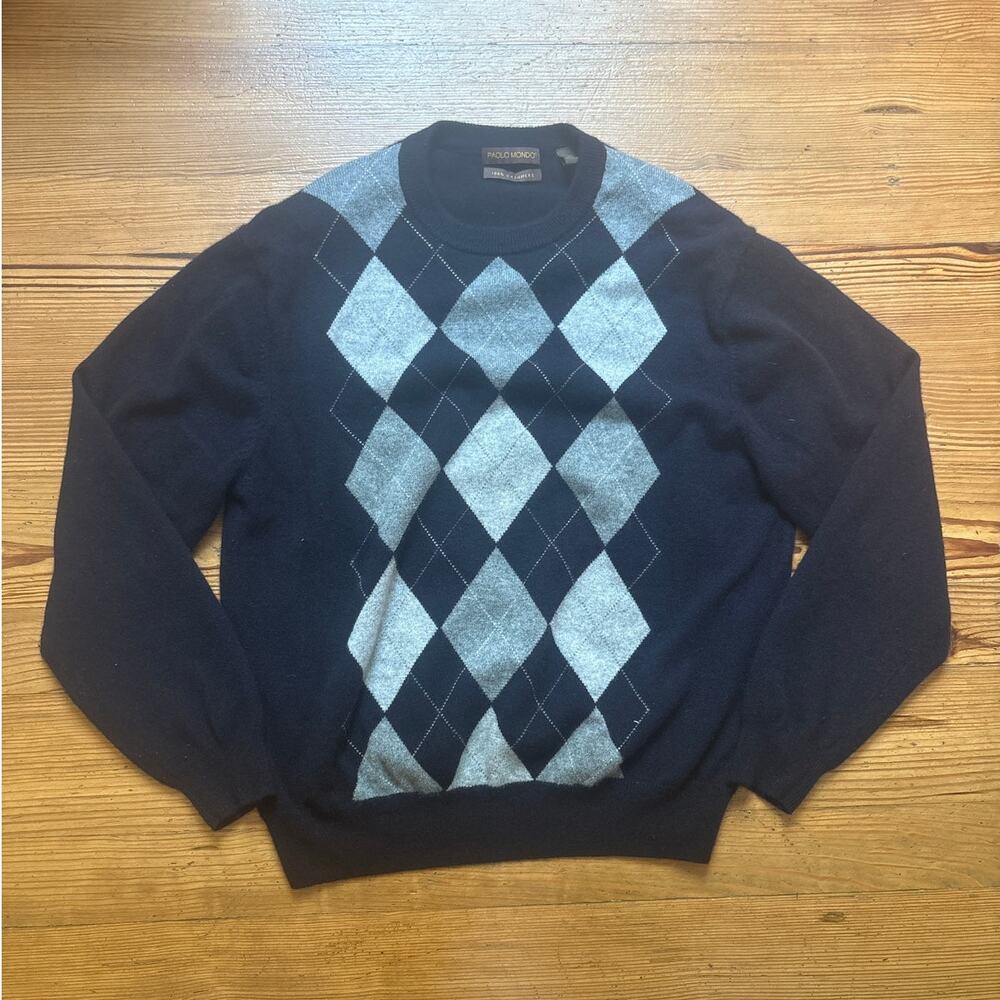 Paolo Mondo cashmere dark navy gray argyle crew‎ mens sweater SIZE XL